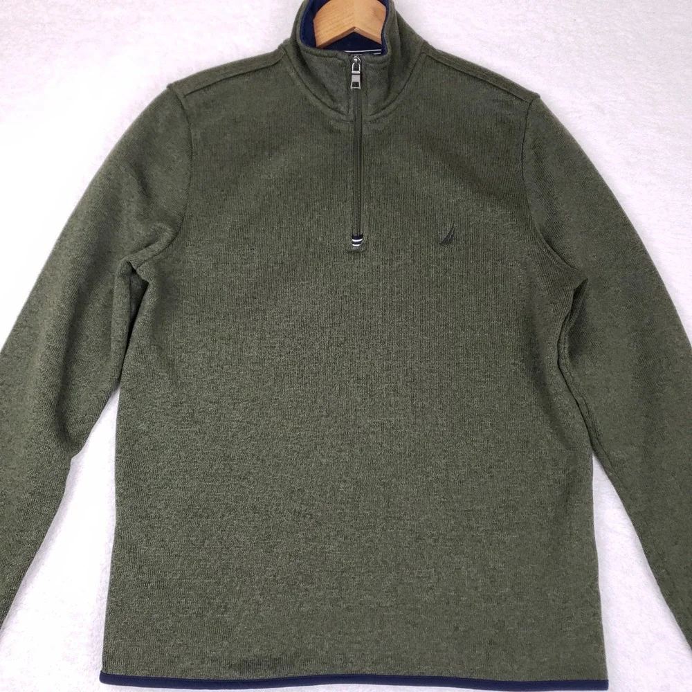 Nautica Mens Quarter Zip Pullover Sweater Olive Green Heathered Knit M Fisherman